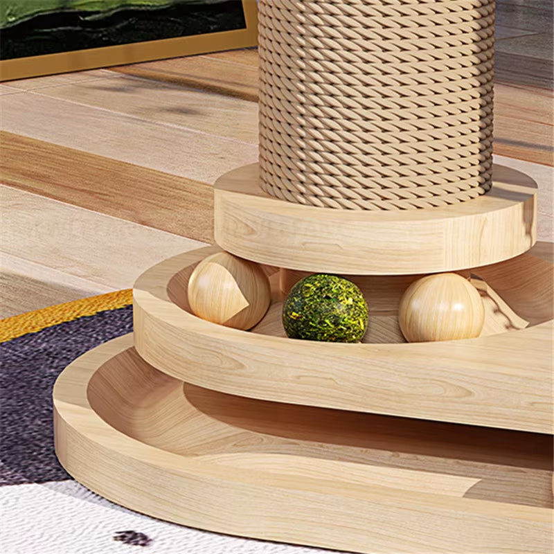 Solid Wood Cat Tower with Teaser Wand Catnip Ball Turntable Scratching Board Indoor Durable Sisal Cat Toy Cat Tree