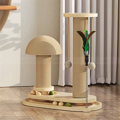 Solid Wood Cat Tower with Teaser Wand Catnip Ball Turntable Scratching Board Indoor Durable Sisal Cat Toy Cat Tree