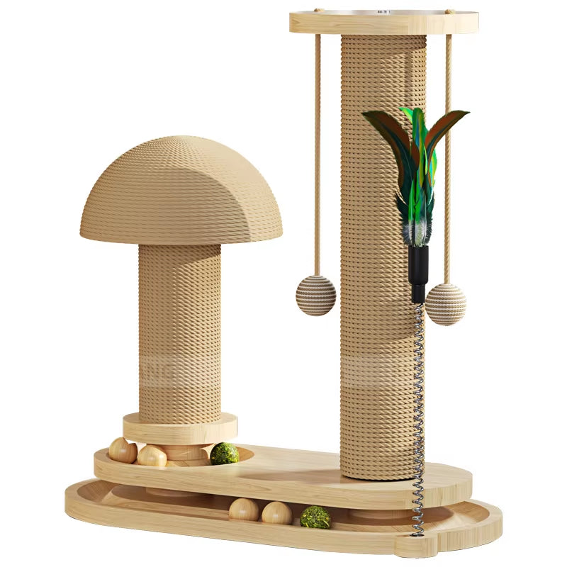 Solid Wood Cat Tower with Teaser Wand Catnip Ball Turntable Scratching Board Indoor Durable Sisal Cat Toy Cat Tree
