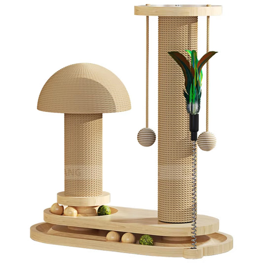 Solid Wood Cat Tower with Teaser Wand Catnip Ball Turntable Scratching Board Indoor Durable Sisal Cat Toy Cat Tree
