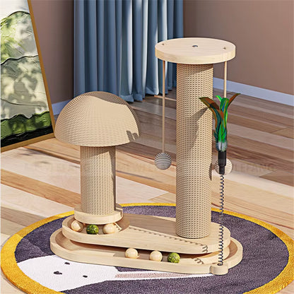 Solid Wood Cat Tower with Teaser Wand Catnip Ball Turntable Scratching Board Indoor Durable Sisal Cat Toy Cat Tree